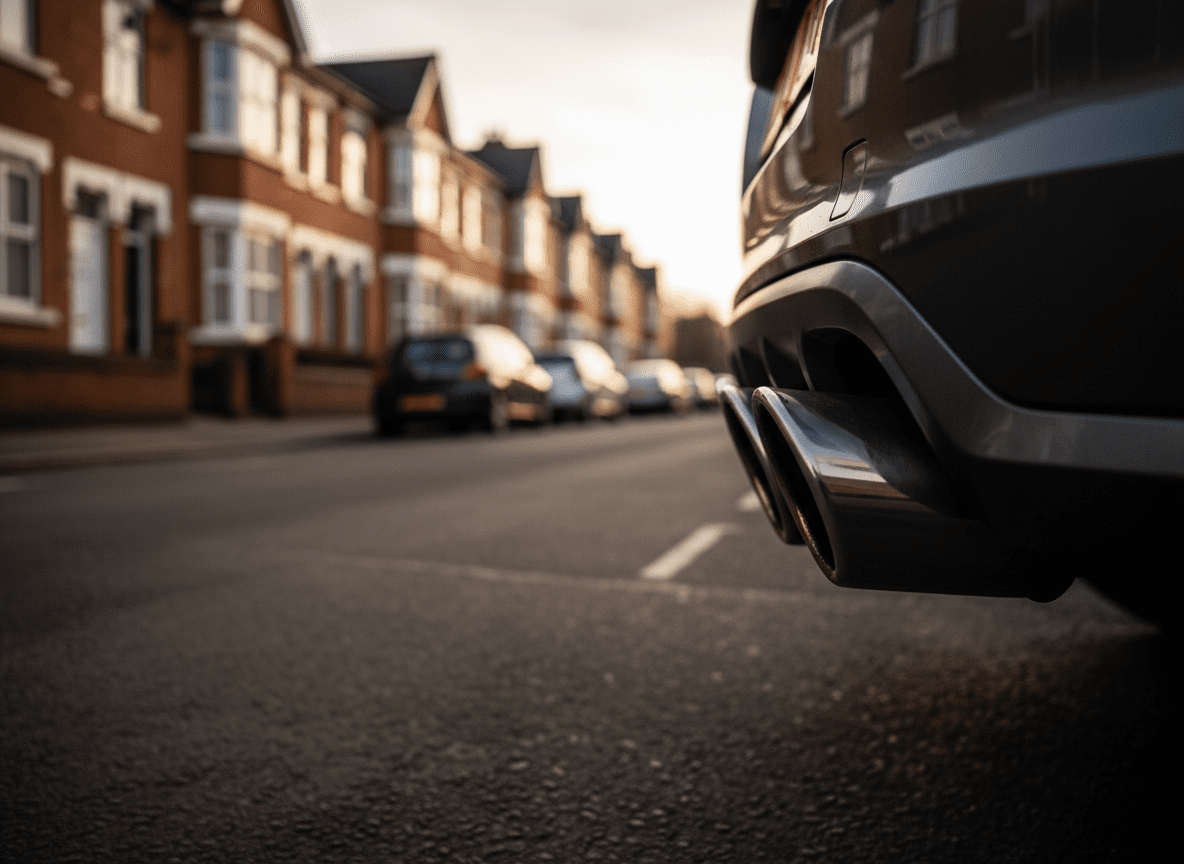 Exhaust tip on a diesel vehicle parked on a West Midlands street