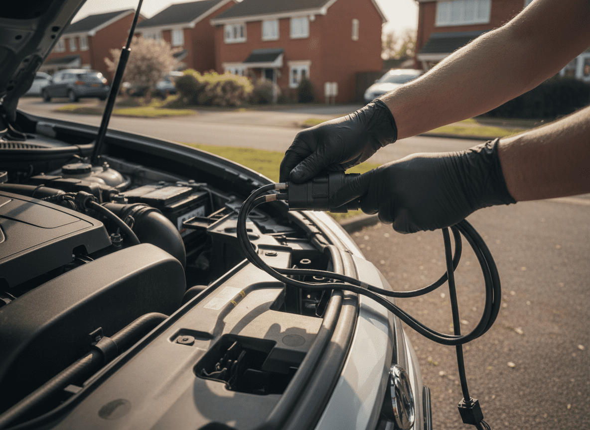Technician connecting diagnostic equipment to a diesel vehicle on a customer driveway