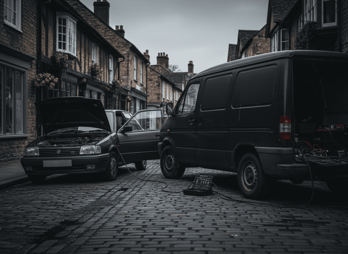 Mobile mechanic van parked on a market town street for local DPF service