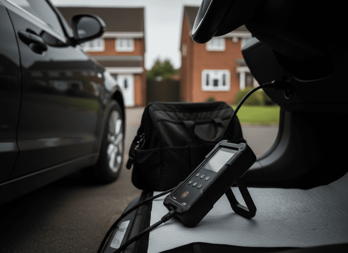 OBD scanner connected to a vehicle during mobile driveway diagnostics