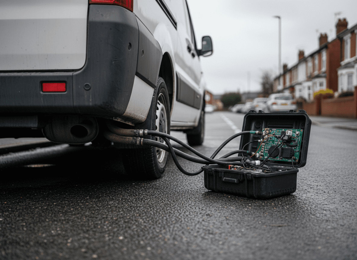 Mobile mechanic performing exhaust work on a suburban residential street