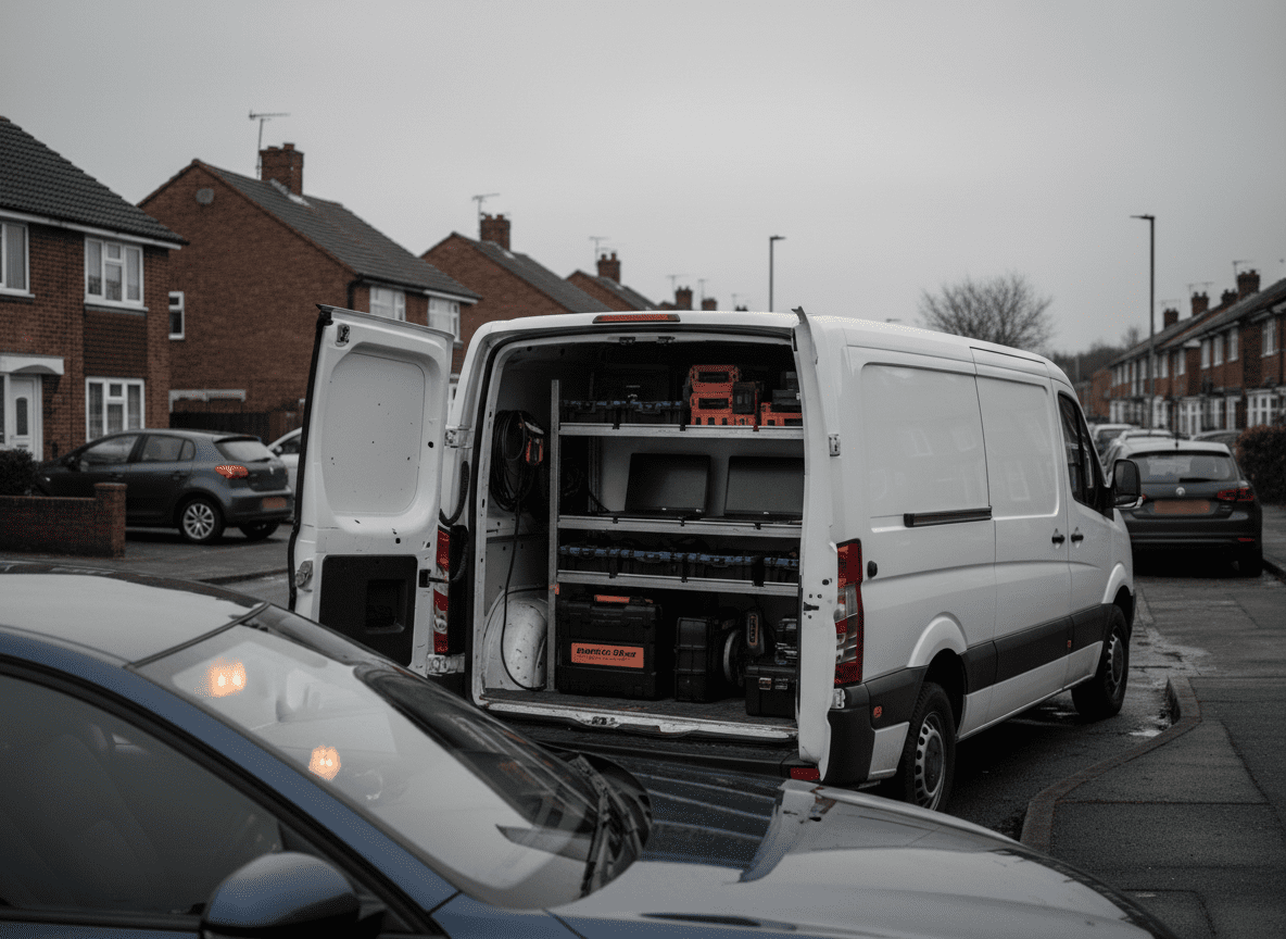 Van with open rear doors on a West Midlands street for mobile DPF service